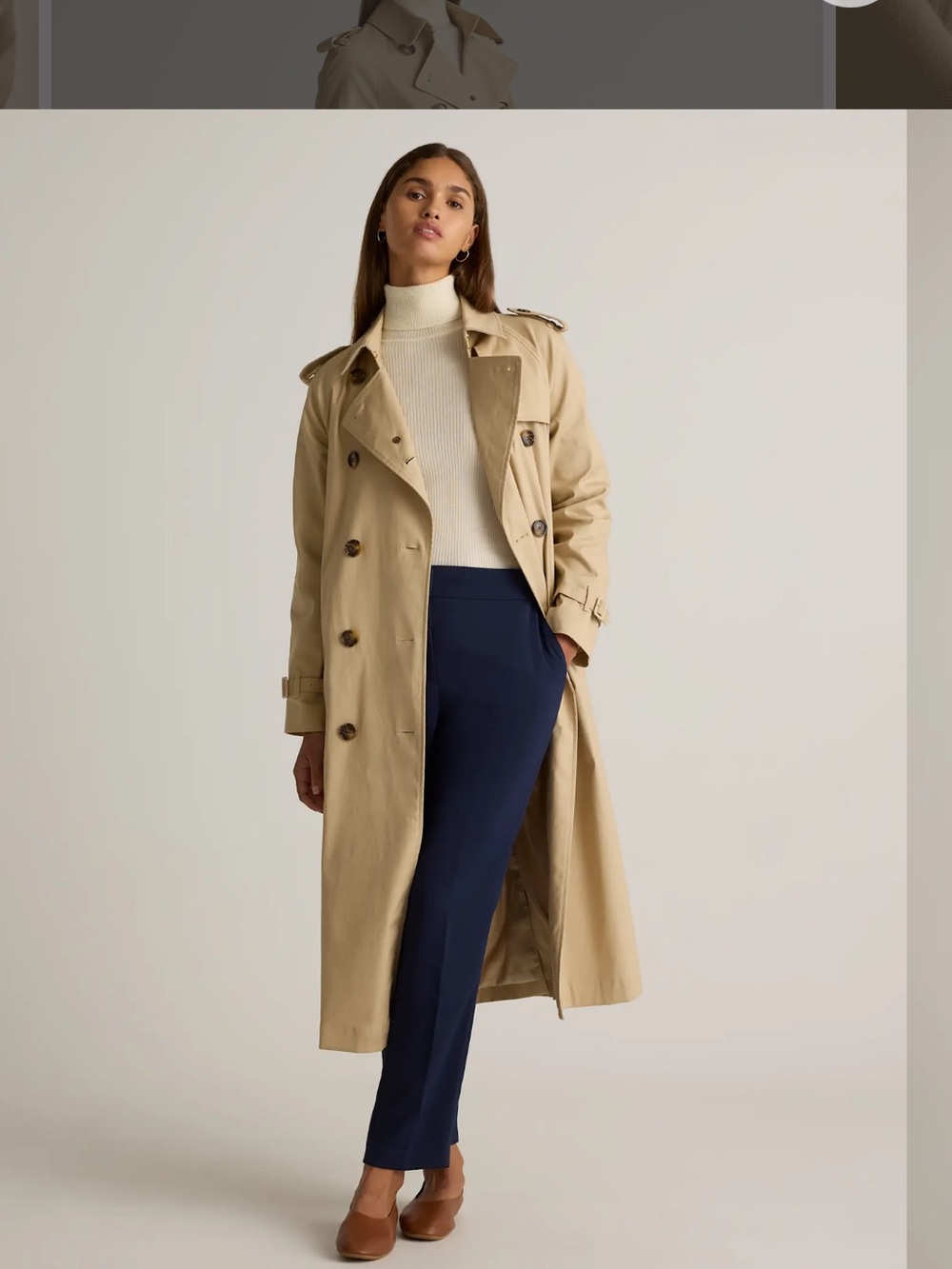 NWT QUINCE Comfort Stretch Long Trench Coat Double-Breasted Light Khaki 9553 - Picture 10 of 16